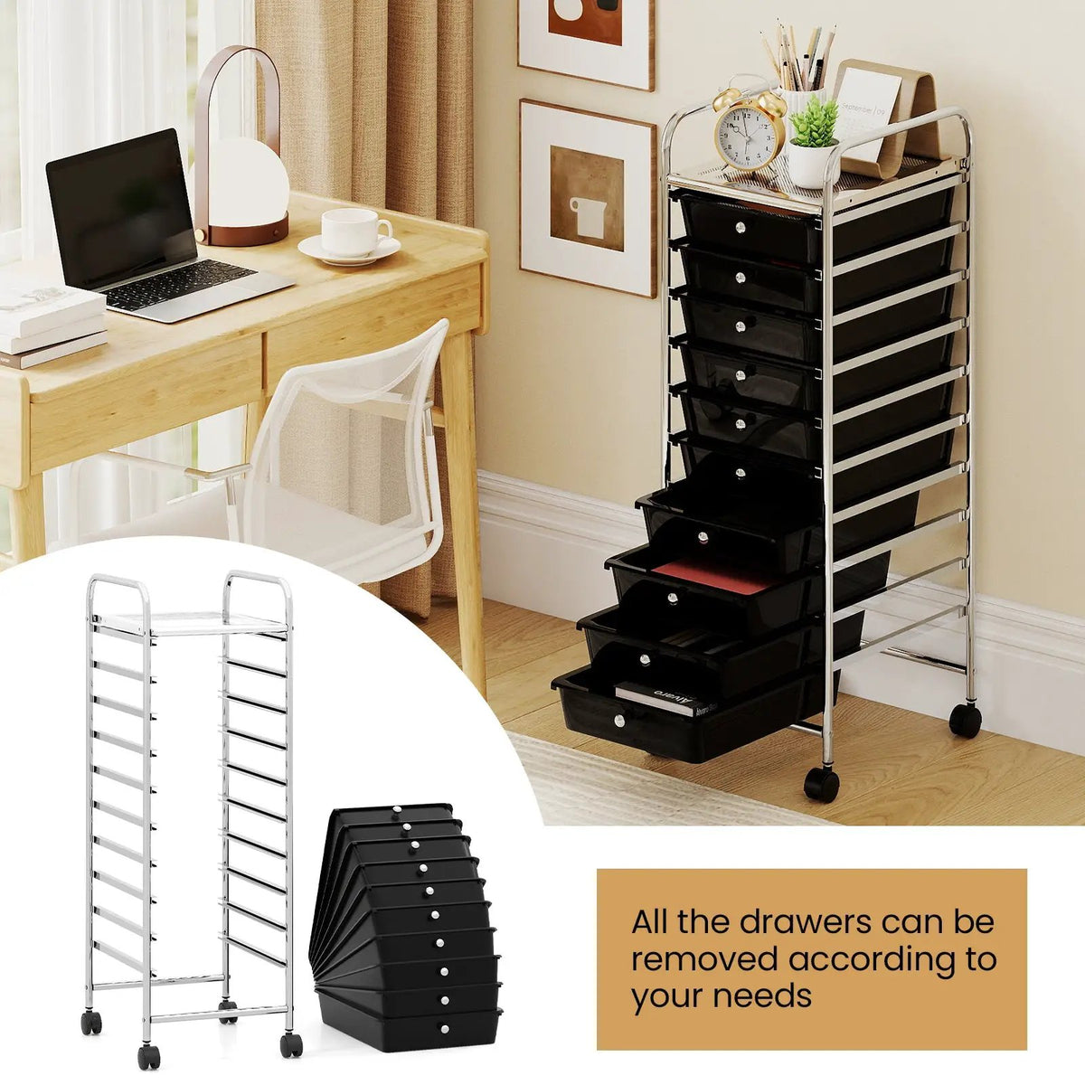 10-Drawer Rolling Storage Cart with Metal Frame and Lockable Universal Wheels, photo 12 of 16