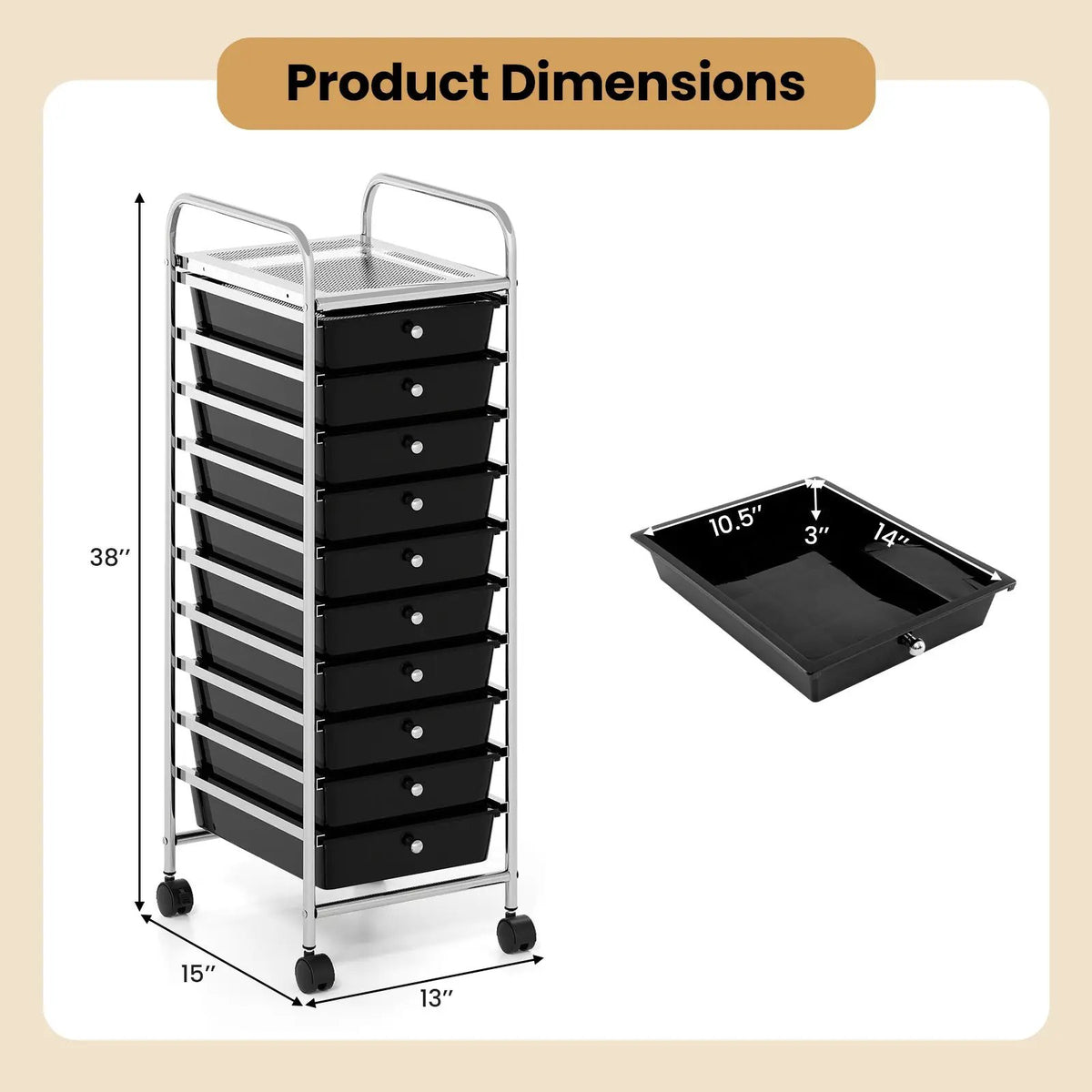 10-Drawer Rolling Storage Cart with Metal Frame and Lockable Universal Wheels, photo 6 of 16