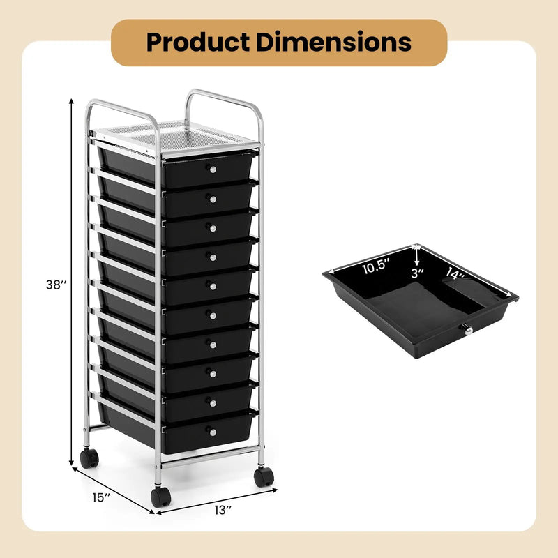 10-Drawer Rolling Storage Cart with Metal Frame and Lockable Universal Wheels by DirectDeals