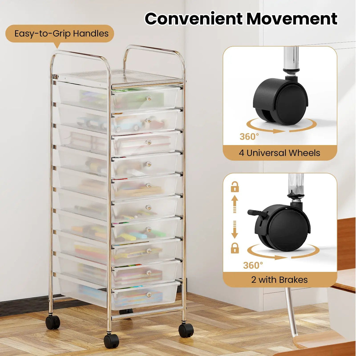 10-Drawer Rolling Storage Cart with Metal Frame and Lockable Universal Wheels, photo 11 of 16