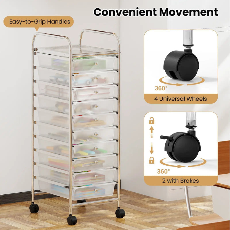 10-Drawer Rolling Storage Cart with Metal Frame and Lockable Universal Wheels by DirectDeals