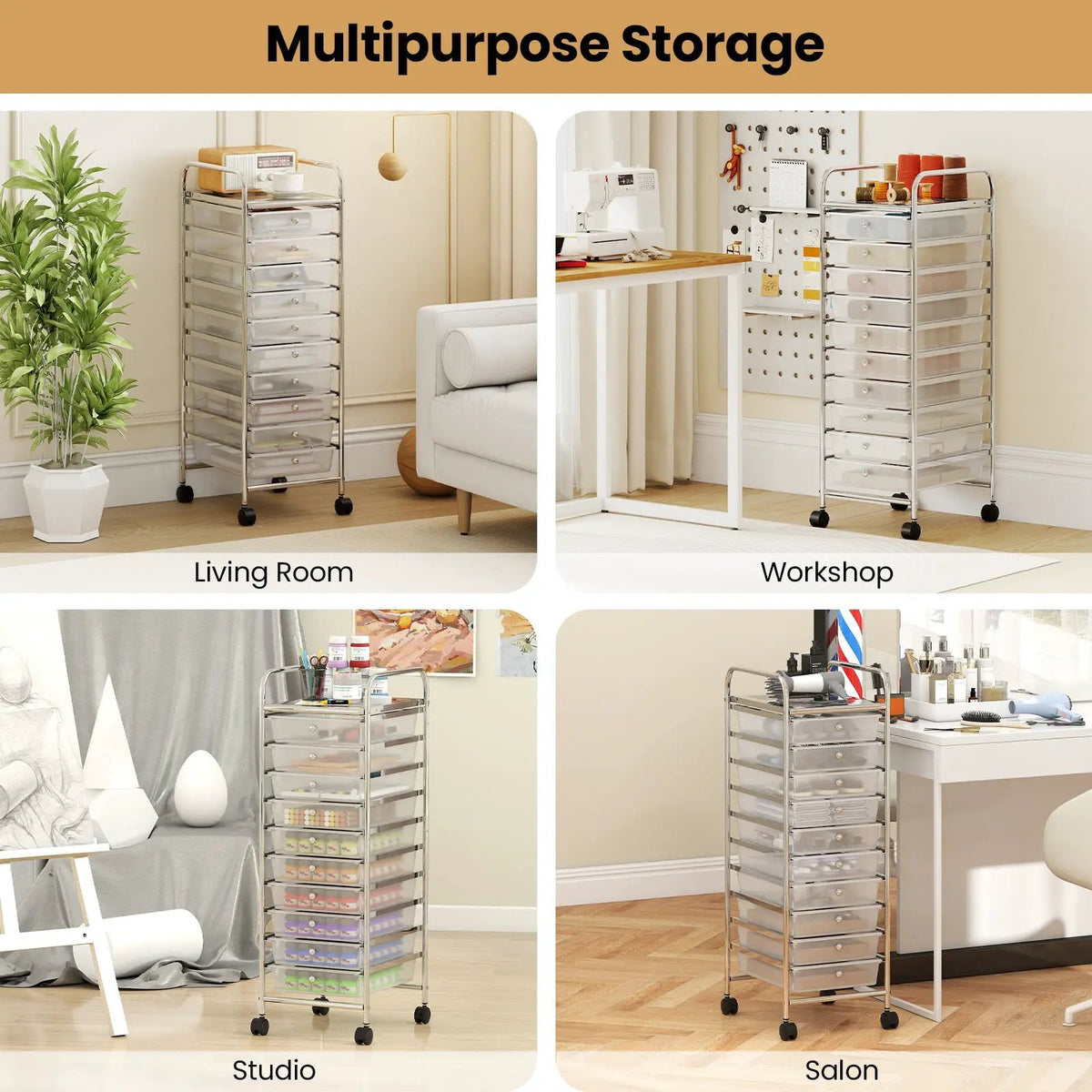 10-Drawer Rolling Storage Cart with Metal Frame and Lockable Universal Wheels, photo 15 of 16