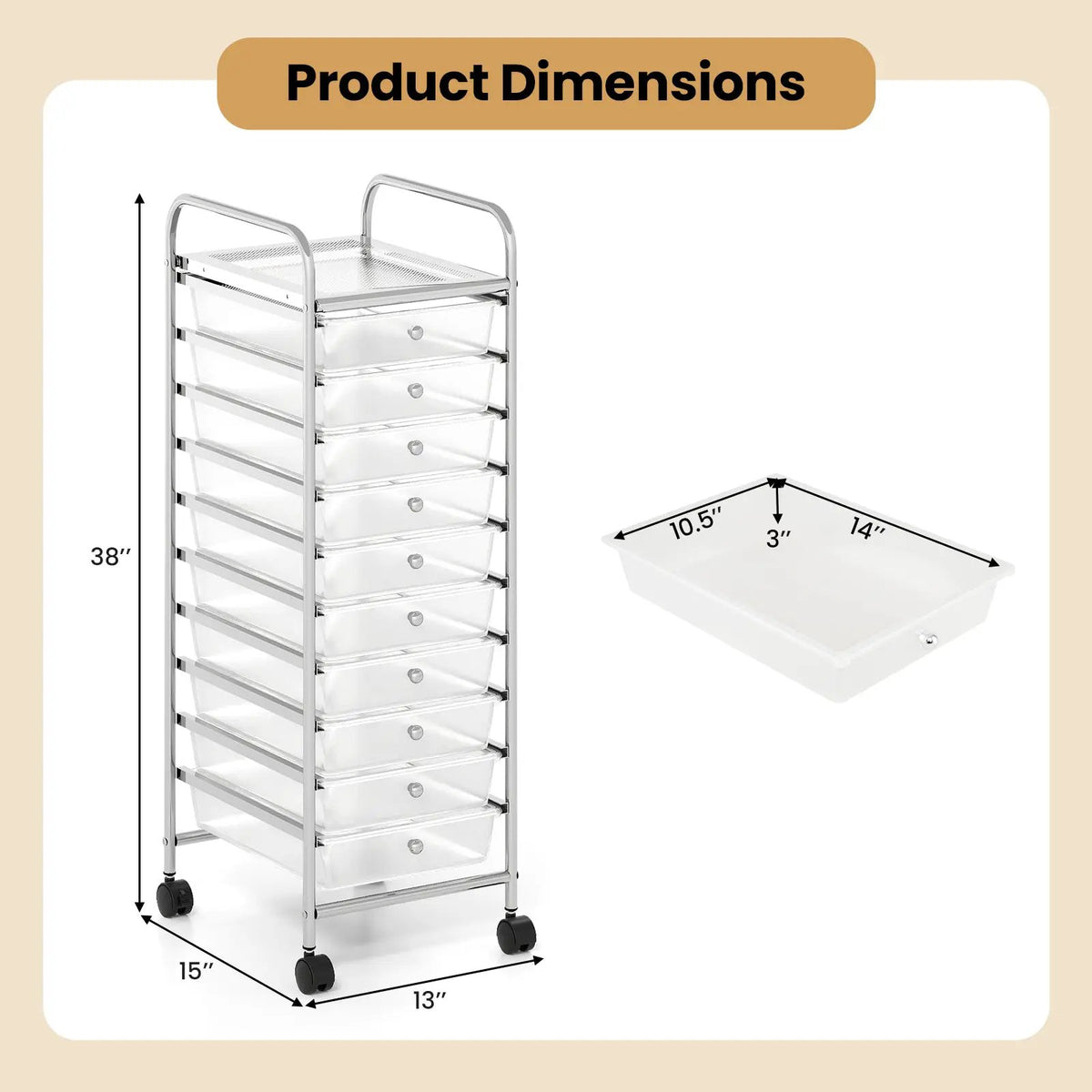 10-Drawer Rolling Storage Cart with Metal Frame and Lockable Universal Wheels, photo 7 of 16