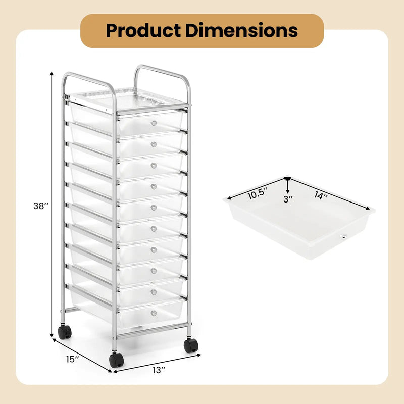 10-Drawer Rolling Storage Cart with Metal Frame and Lockable Universal Wheels by DirectDeals