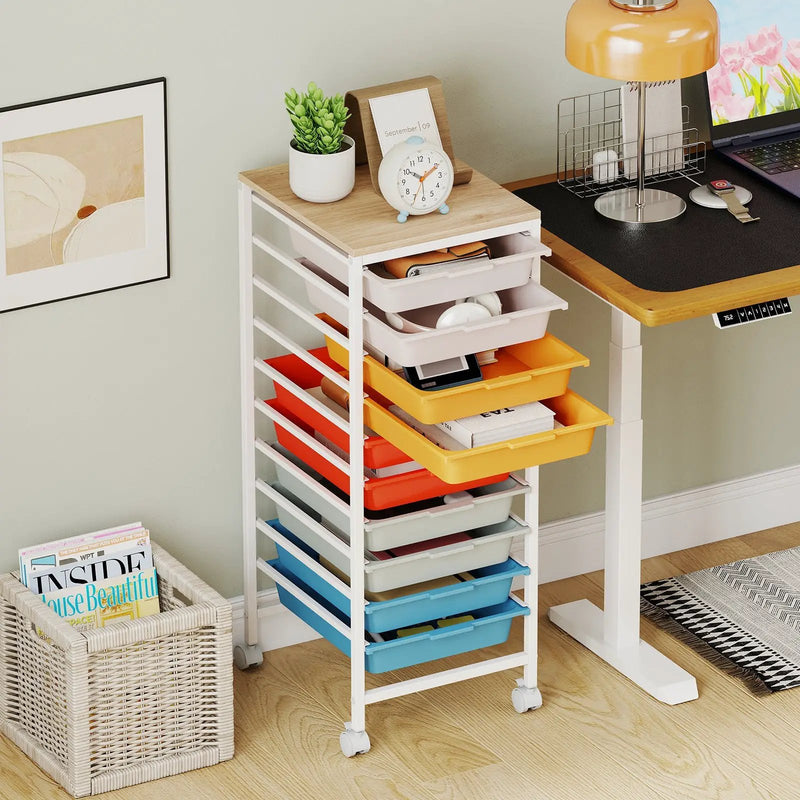 10-Drawer Rolling Storage Cart Mobile Utility Organizer with Wooden Tabletop and Lockable Wheels by DirectDeals