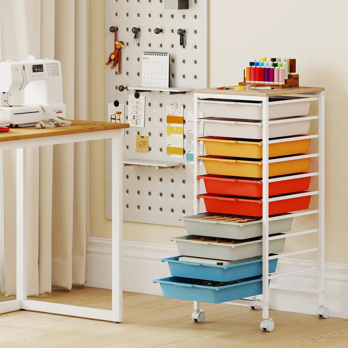 10-Drawer Rolling Storage Cart Mobile Utility Organizer with Wooden Tabletop and Lockable Wheels, photo 3 of 16