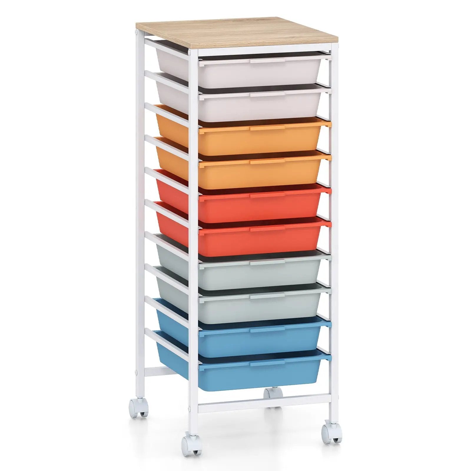 10-Drawer Rolling Storage Cart Mobile Utility Organizer with Wooden Tabletop and Lockable Wheels by DirectDeals