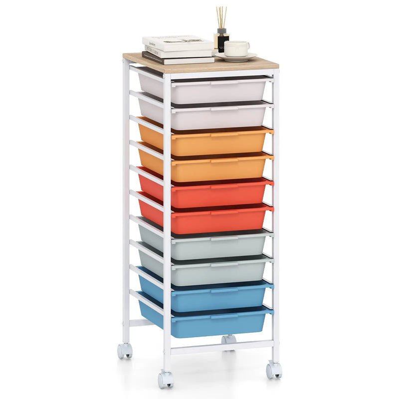 10-Drawer Rolling Storage Cart Mobile Utility Organizer with Wooden Tabletop and Lockable Wheels by DirectDeals
