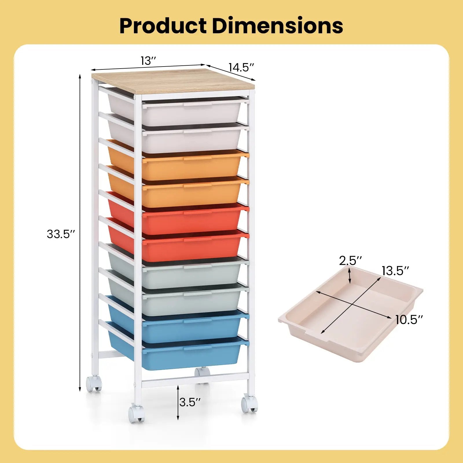 10-Drawer Rolling Storage Cart Mobile Utility Organizer with Wooden Tabletop and Lockable Wheels by DirectDeals