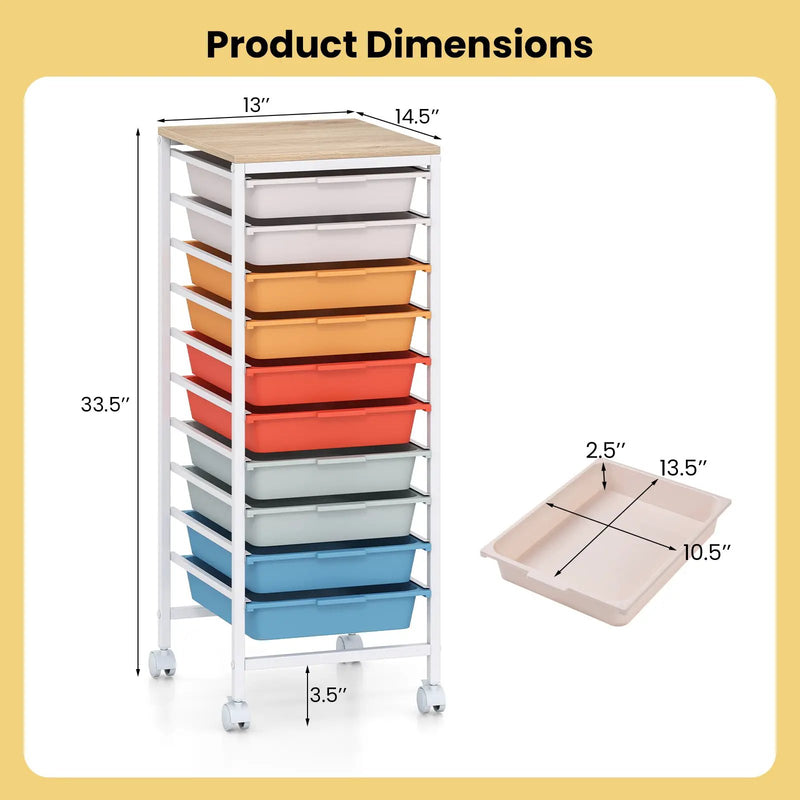 10-Drawer Rolling Storage Cart Mobile Utility Organizer with Wooden Tabletop and Lockable Wheels by DirectDeals
