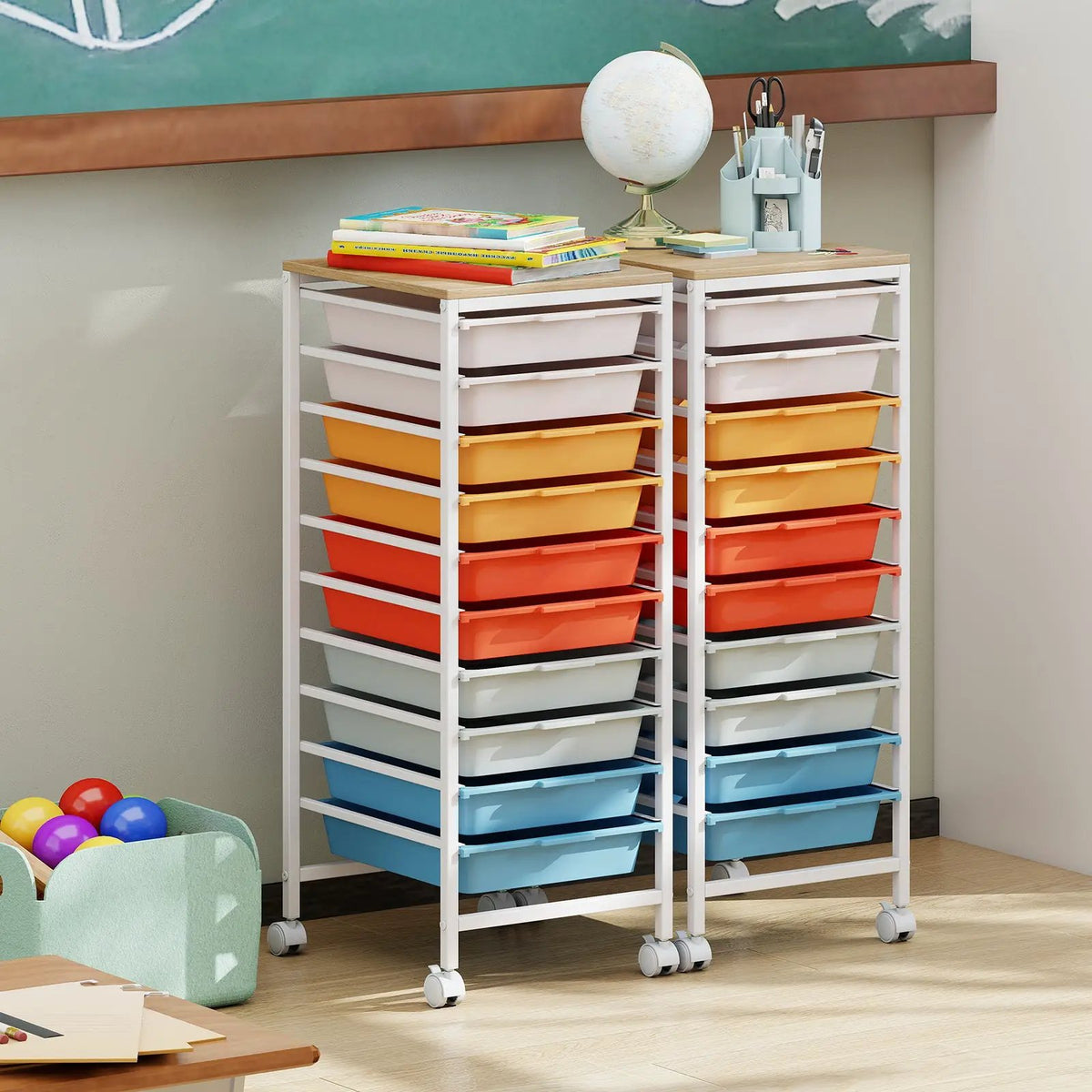 10-Drawer Rolling Storage Cart Mobile Utility Organizer with Wooden Tabletop and Lockable Wheels, photo 11 of 16