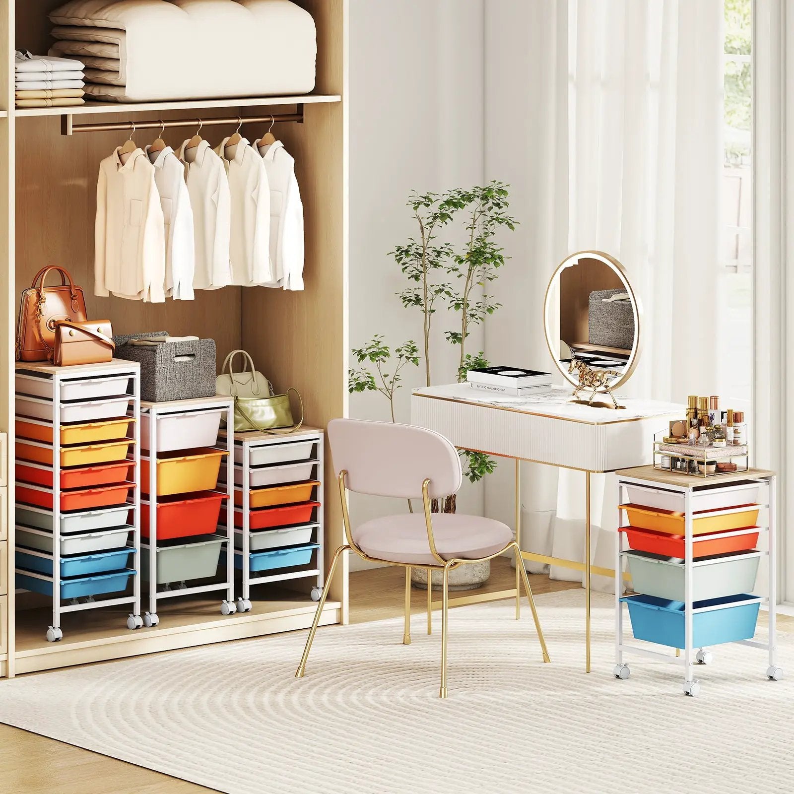 10-Drawer Rolling Storage Cart Mobile Utility Organizer with Wooden Tabletop and Lockable Wheels by DirectDeals