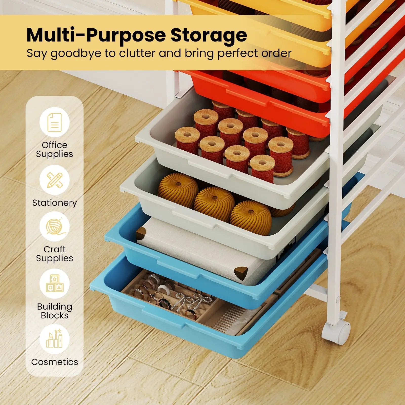 10-Drawer Rolling Storage Cart Mobile Utility Organizer with Wooden Tabletop and Lockable Wheels by DirectDeals