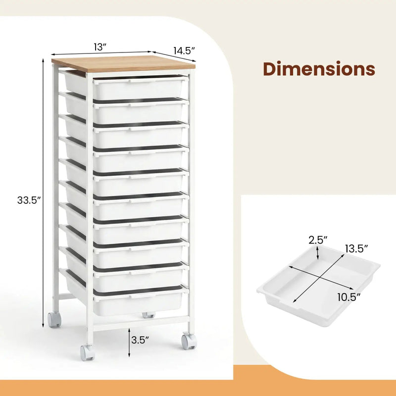 10-Drawer Rolling Storage Cart Mobile Utility Organizer with Wooden Tabletop and Lockable Wheels by DirectDeals