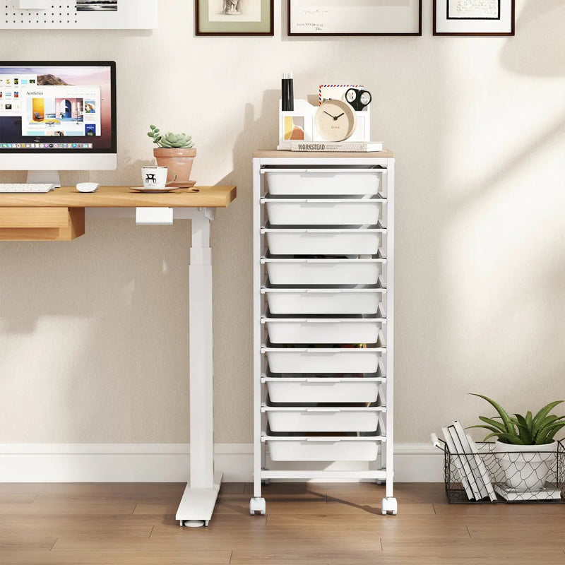 10-Drawer Rolling Storage Cart Mobile Utility Organizer with Wooden Tabletop and Lockable Wheels by DirectDeals