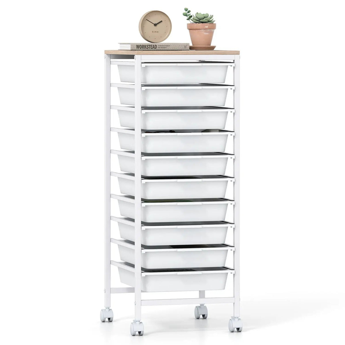 10-Drawer Rolling Storage Cart Mobile Utility Organizer with Wooden Tabletop and Lockable Wheels, photo 6 of 16
