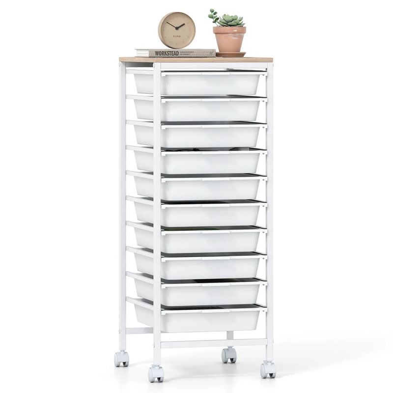 10-Drawer Rolling Storage Cart Mobile Utility Organizer with Wooden Tabletop and Lockable Wheels by DirectDeals