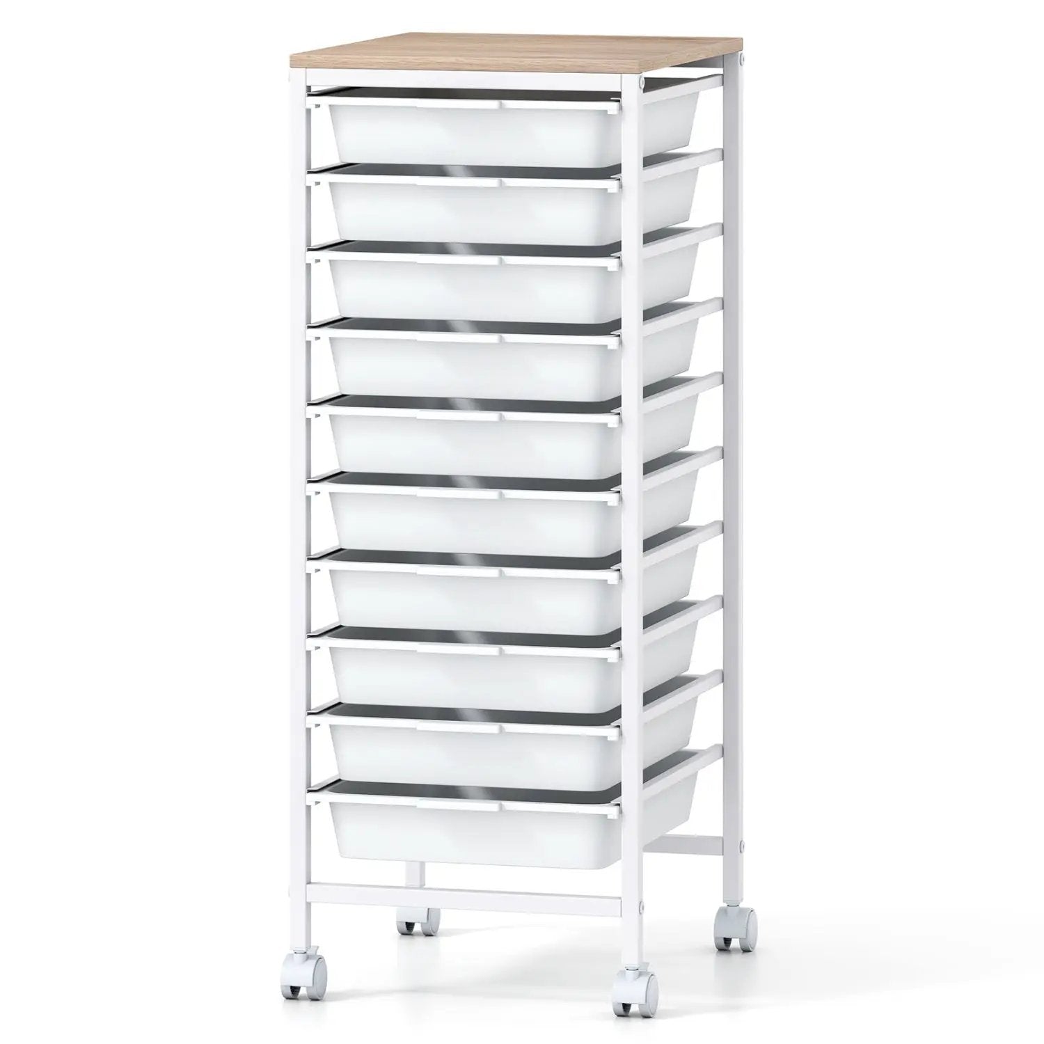 10-Drawer Rolling Storage Cart Mobile Utility Organizer with Wooden Tabletop and Lockable Wheels by DirectDeals