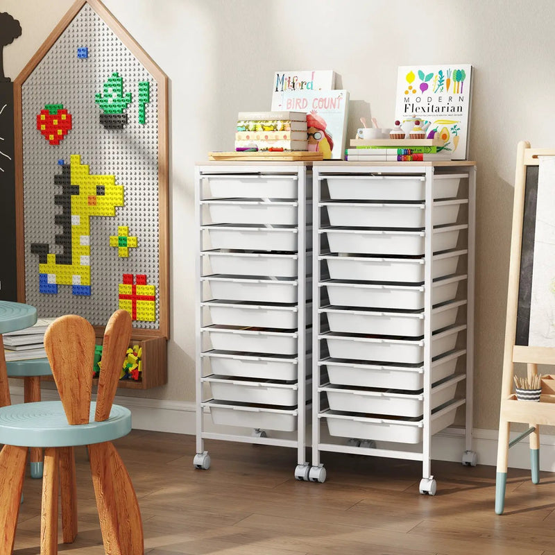 10-Drawer Rolling Storage Cart Mobile Utility Organizer with Wooden Tabletop and Lockable Wheels by DirectDeals