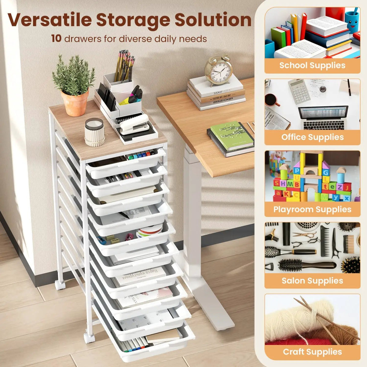 10-Drawer Rolling Storage Cart Mobile Utility Organizer with Wooden Tabletop and Lockable Wheels, photo 14 of 16