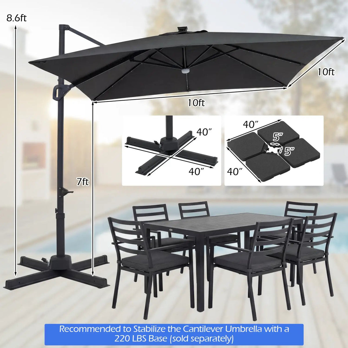10 FT Cantilever Patio Umbrella with Solar LED Lights for Pool and Garden, photo 8 of 40