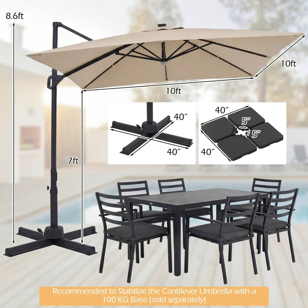 10 FT Cantilever Patio Umbrella with Solar LED Lights for Pool and Garden, photo 35 of 40