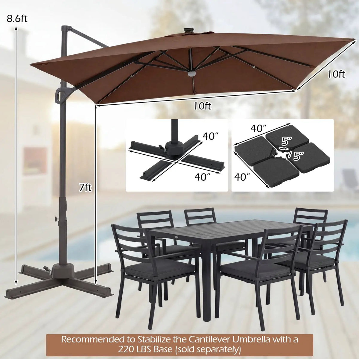 10 FT Cantilever Patio Umbrella with Solar LED Lights for Pool and Garden, photo 29 of 40