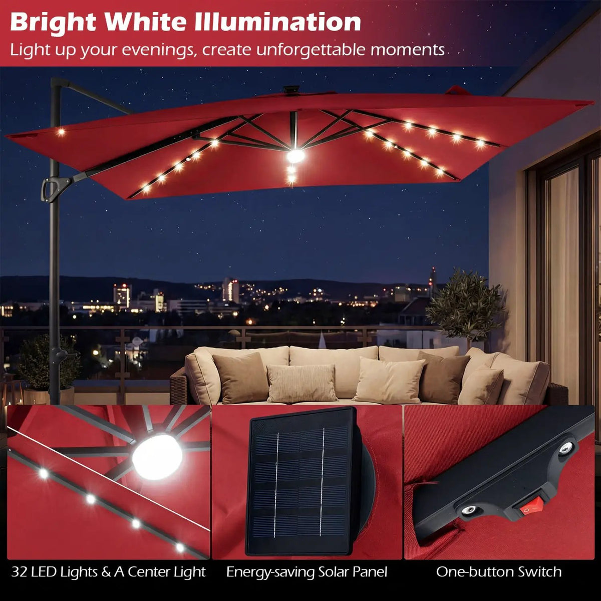 10 FT Cantilever Patio Umbrella with Solar LED Lights for Pool and Garden, photo 17 of 40