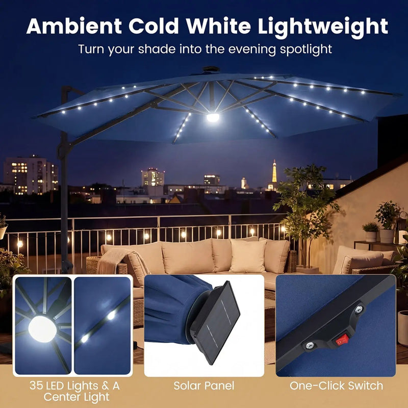 10 FT Cantilever Patio Umbrella with Solar LED Lights 360° Rotation by DirectDeals