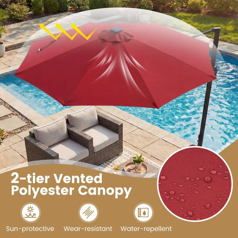 10 FT Cantilever Patio Umbrella with Solar LED Lights 360° Rotation by DirectDeals