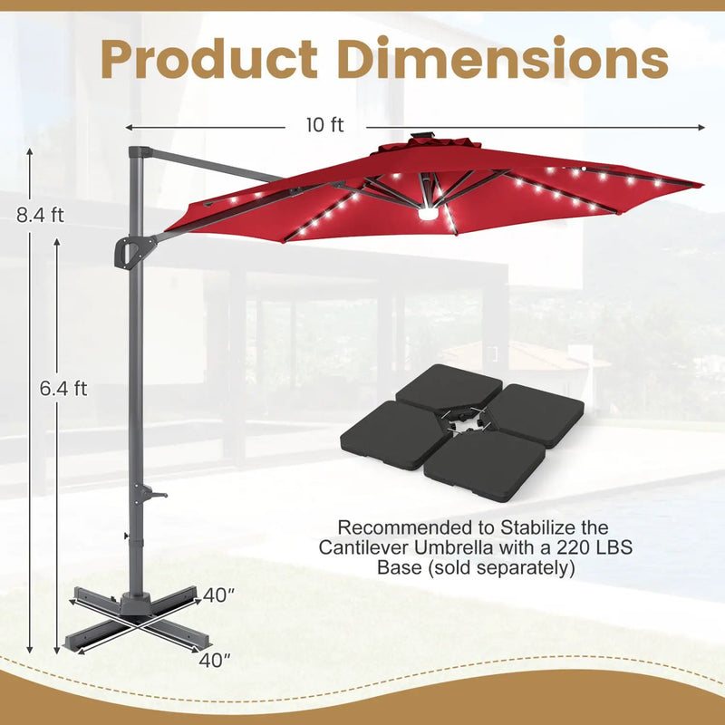 10 FT Cantilever Patio Umbrella with Solar LED Lights 360° Rotation by DirectDeals