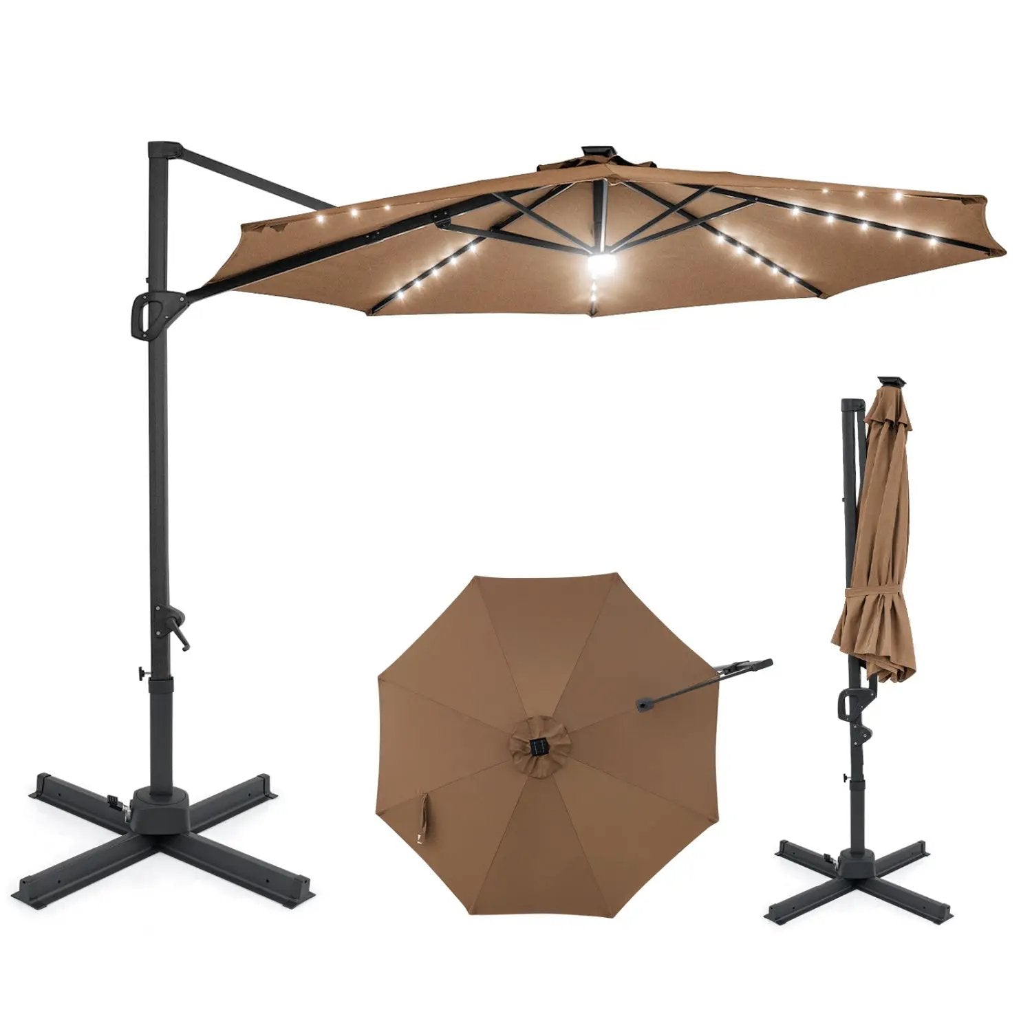 10 FT Cantilever Patio Umbrella with Solar LED Lights 360° Rotation by DirectDeals