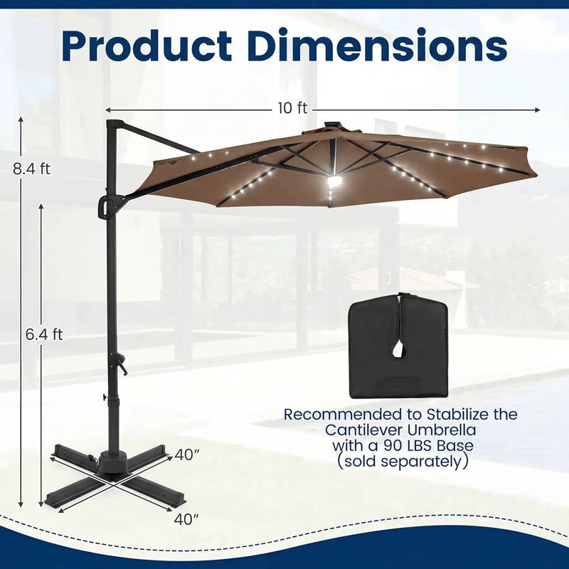 10 FT Cantilever Patio Umbrella with Solar LED Lights 360° Rotation by DirectDeals