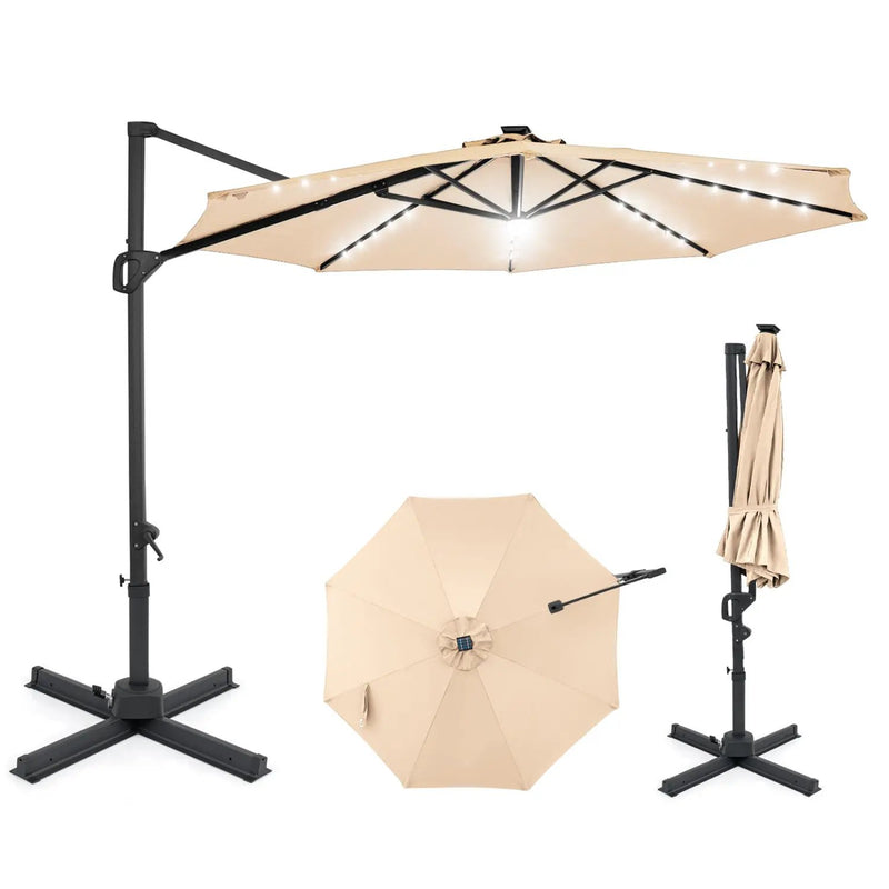 10 FT Cantilever Patio Umbrella with Solar LED Lights 360° Rotation by DirectDeals