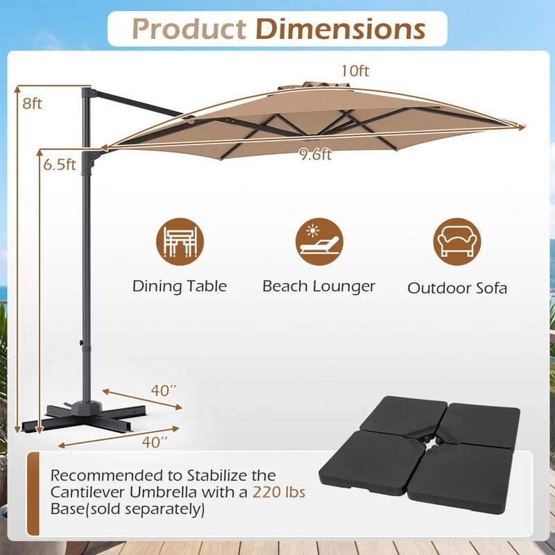 10 FT Patio Cantilever Umbrella with 360° Rotation and Air Vent for Backyard and Poolside by DirectDeals