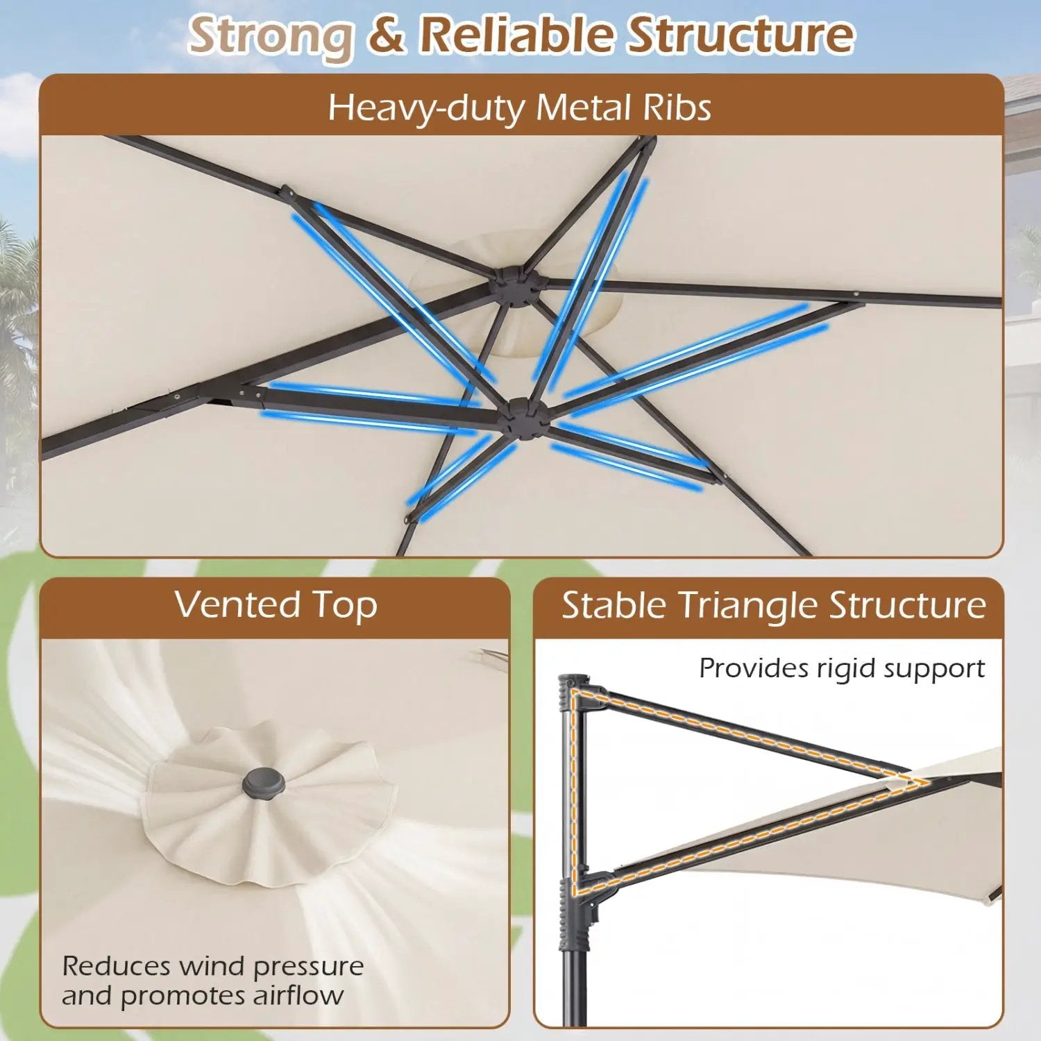 10 FT Patio Cantilever Umbrella with 360° Rotation and Air Vent for Backyard and Poolside by DirectDeals