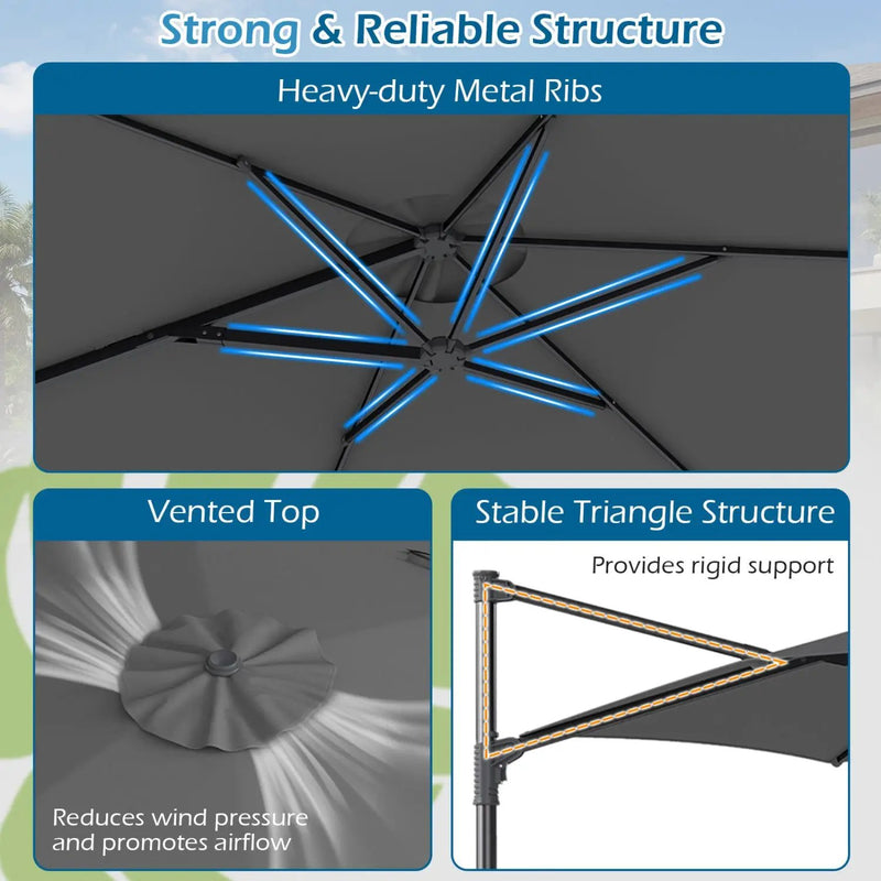 10 FT Patio Cantilever Umbrella with 360° Rotation and Air Vent for Backyard and Poolside by DirectDeals