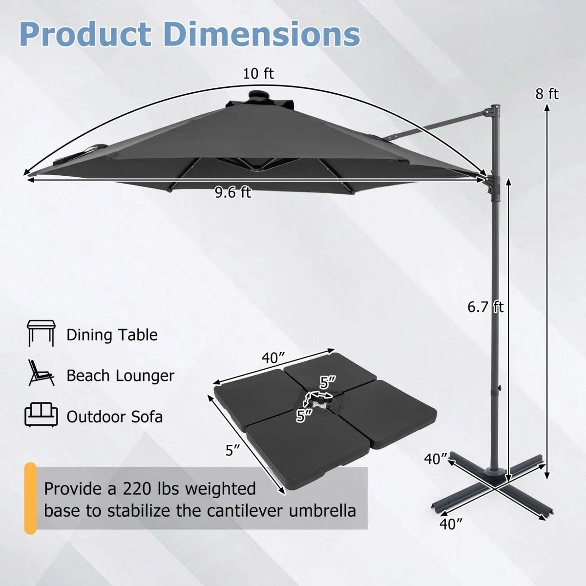 10 Feet Patio Cantilever Umbrella with Solar LED Lights, photo 15 of 40