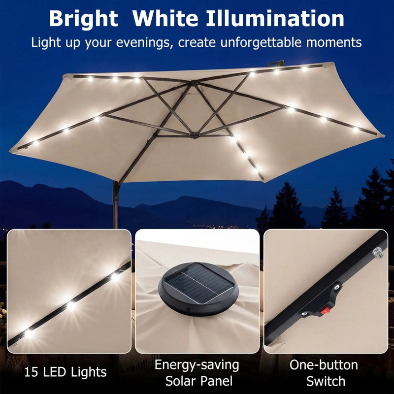10 Feet Patio Cantilever Umbrella with Solar LED Lights by DirectDeals