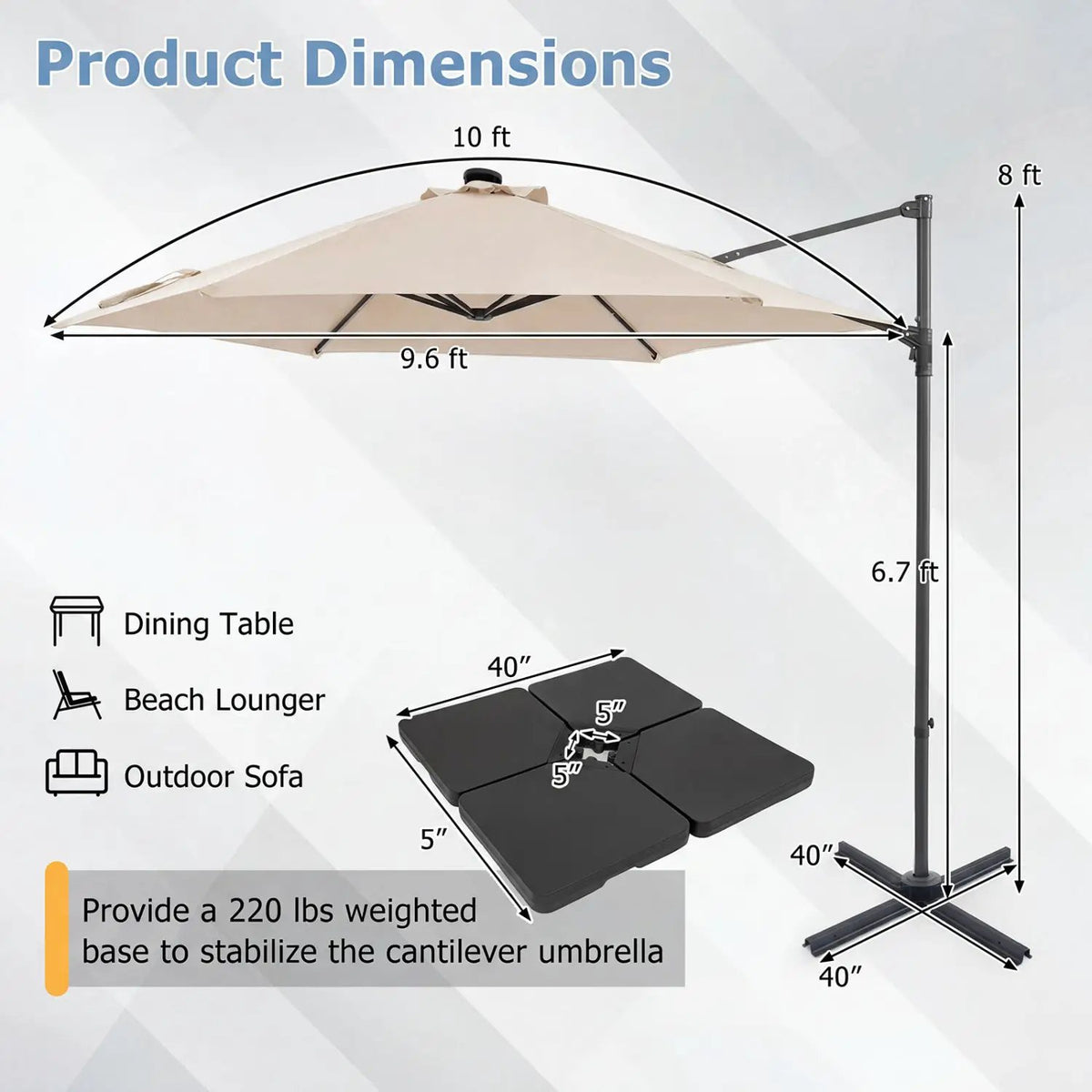 10 Feet Patio Cantilever Umbrella with Solar LED Lights, photo 28 of 40