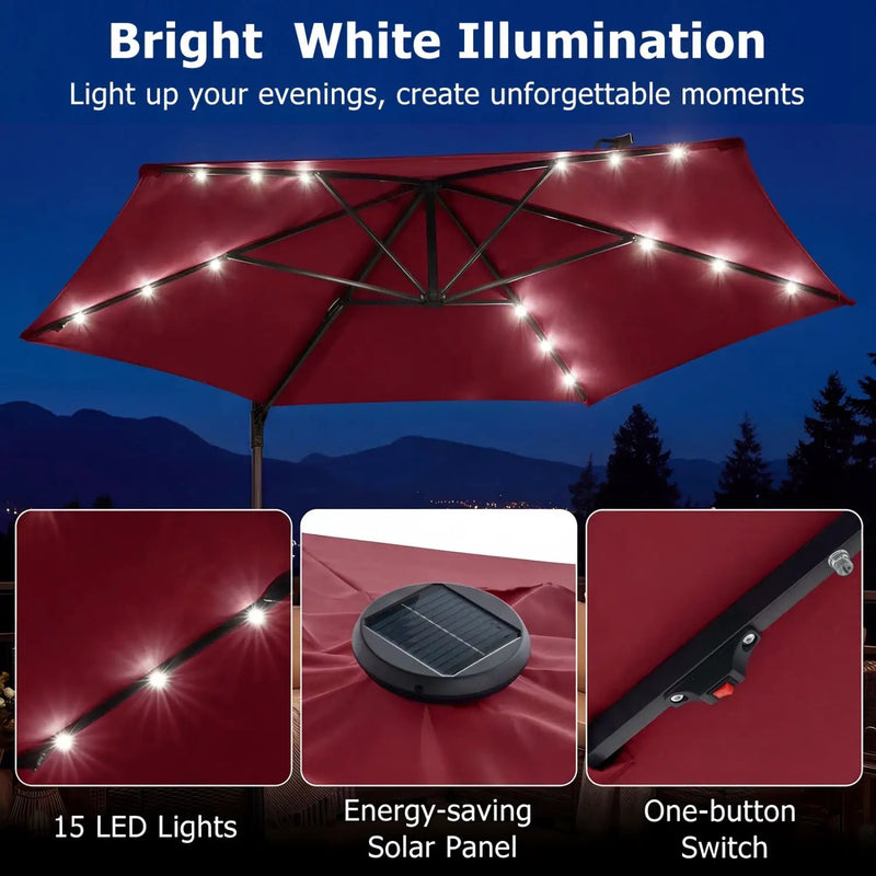 10 Feet Patio Cantilever Umbrella with Solar LED Lights by DirectDeals
