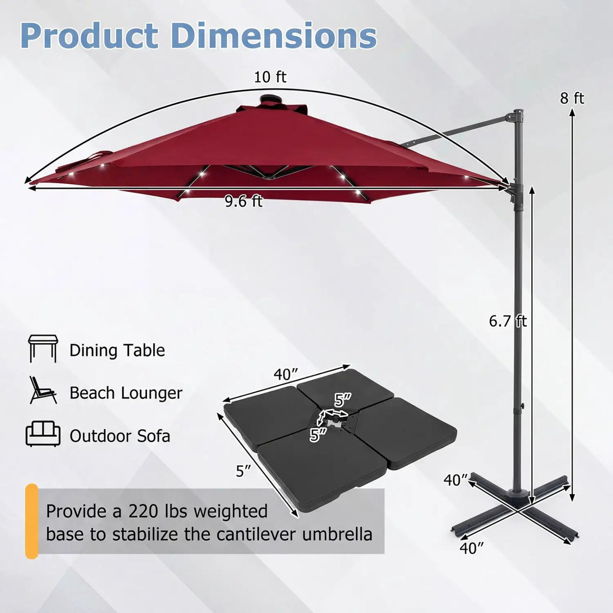 10 Feet Patio Cantilever Umbrella with Solar LED Lights, photo 8 of 40