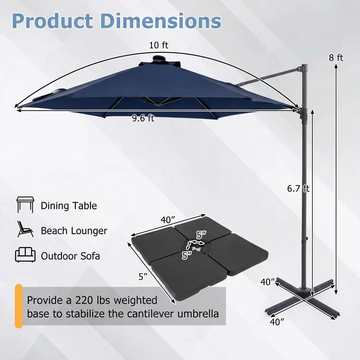 10 Feet Patio Cantilever Umbrella with Solar LED Lights, photo 21 of 40