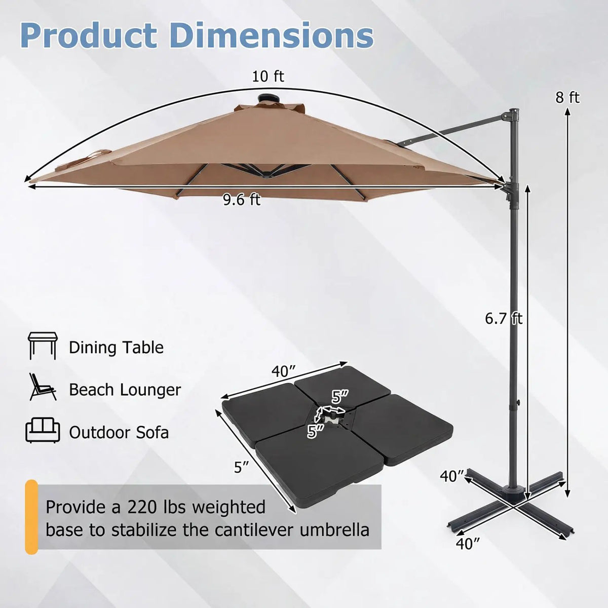 10 Feet Patio Cantilever Umbrella with Solar LED Lights, photo 36 of 40