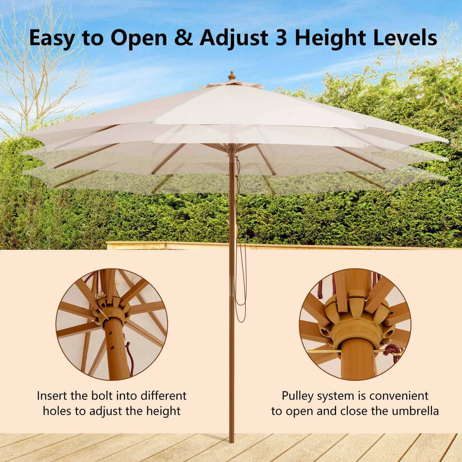 10 Feet Patio Umbrella with 8 Wooden Ribs and 3 Adjustable Heights by DirectDeals