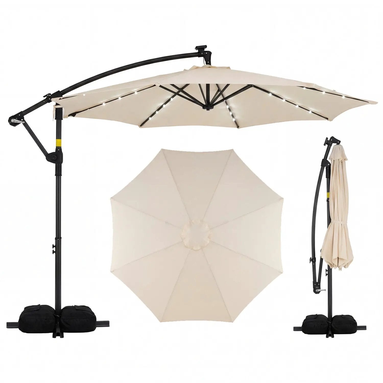 10 Feet Solar Offset Hanging Umbrella with Base and 32 LED Lights by DirectDeals