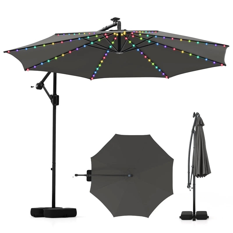 10 Feet Solar Offset Hanging Umbrella with Base and LED Lights by DirectDeals