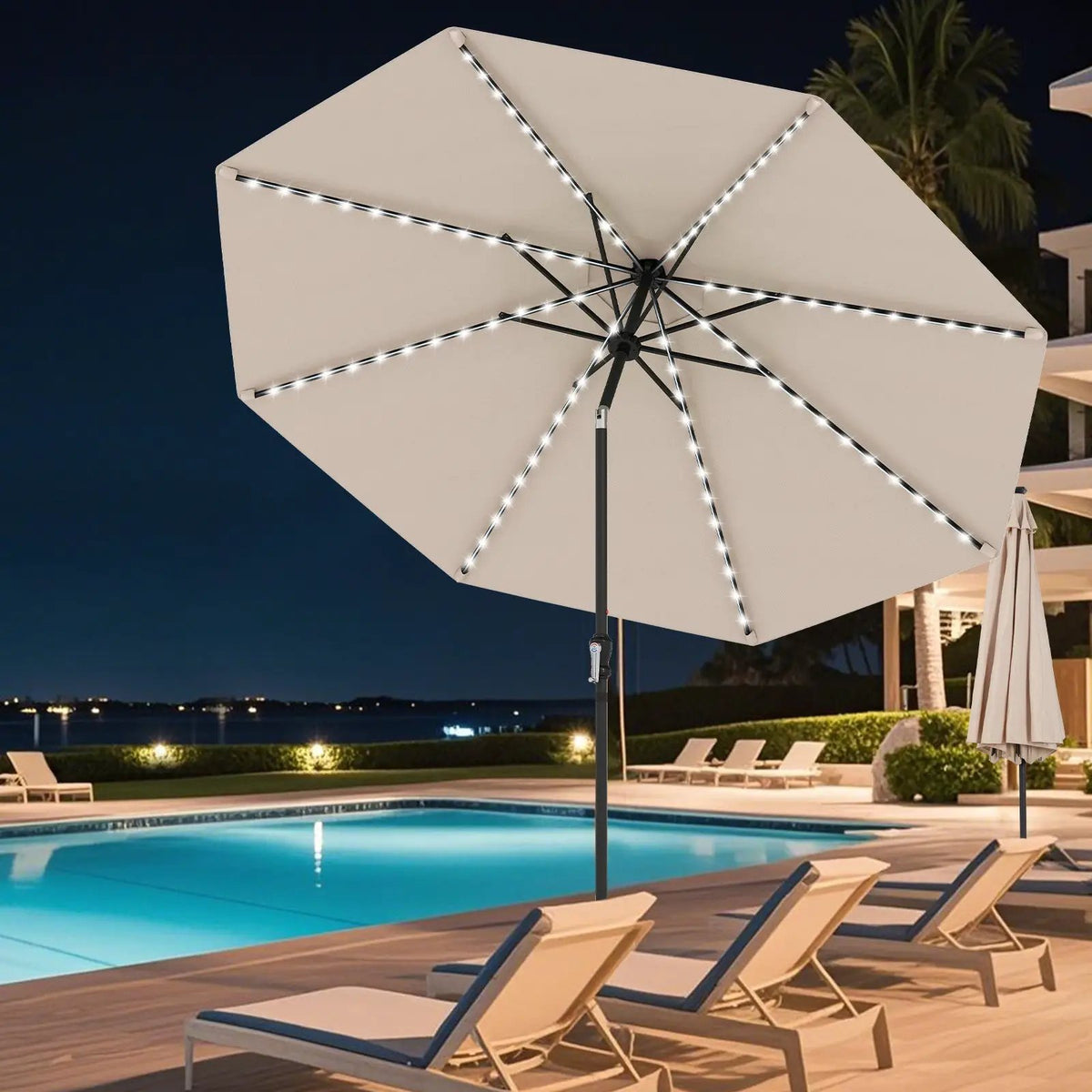 10 Feet Solar Patio Umbrella with 96 Multi-Colored Flowing LED Lights and Tilt Adjustment, photo 5 of 48