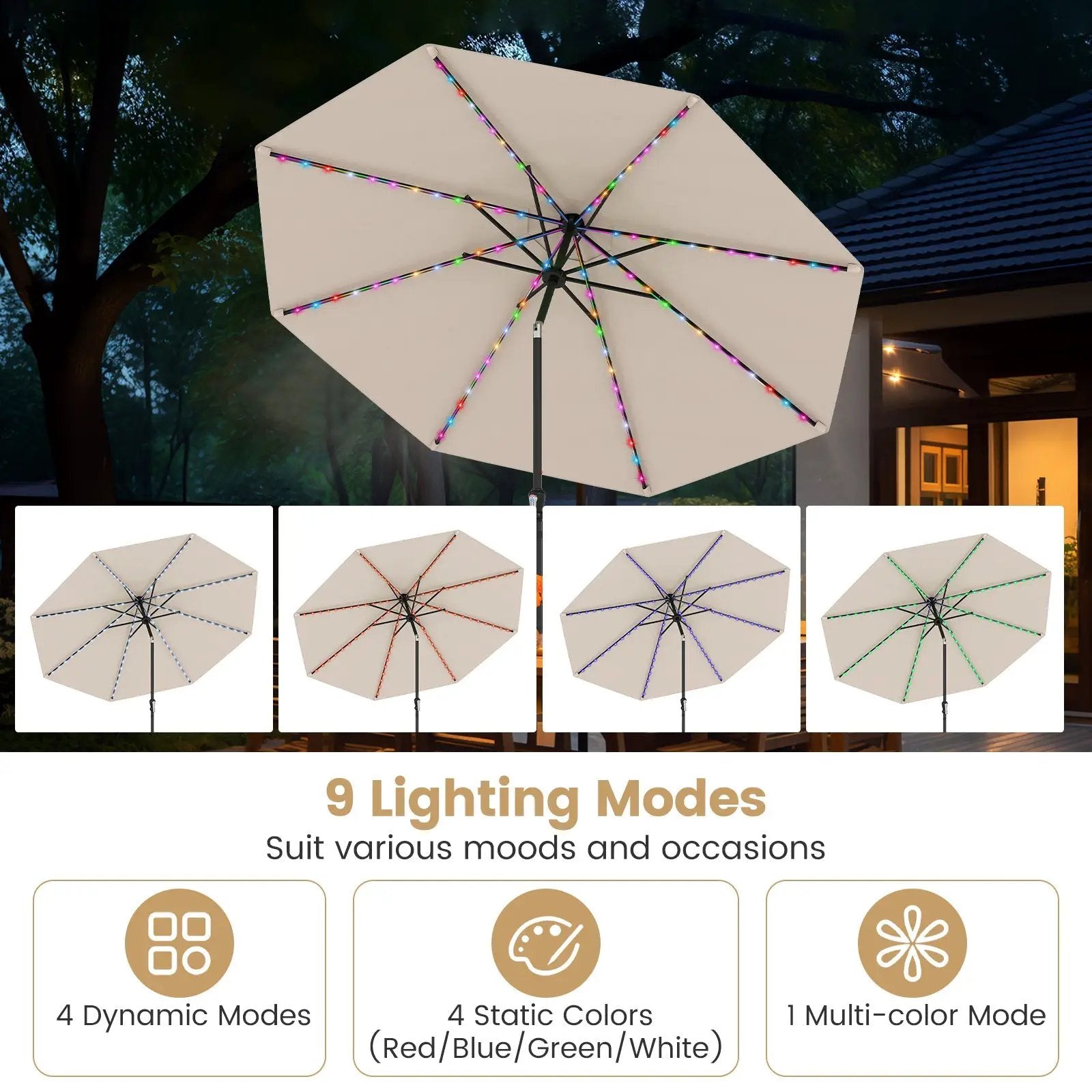 10 Feet Solar Patio Umbrella with 96 Multi-Colored Flowing LED Lights and Tilt Adjustment by DirectDeals
