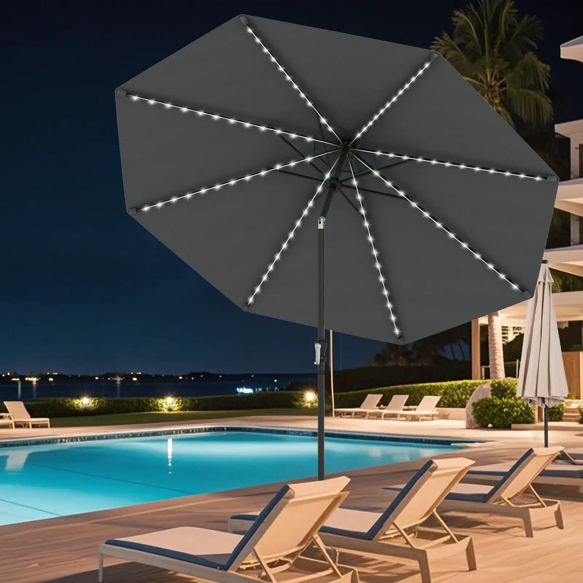 10 Feet Solar Patio Umbrella with 96 Multi-Colored Flowing LED Lights and Tilt Adjustment, photo 4 of 48
